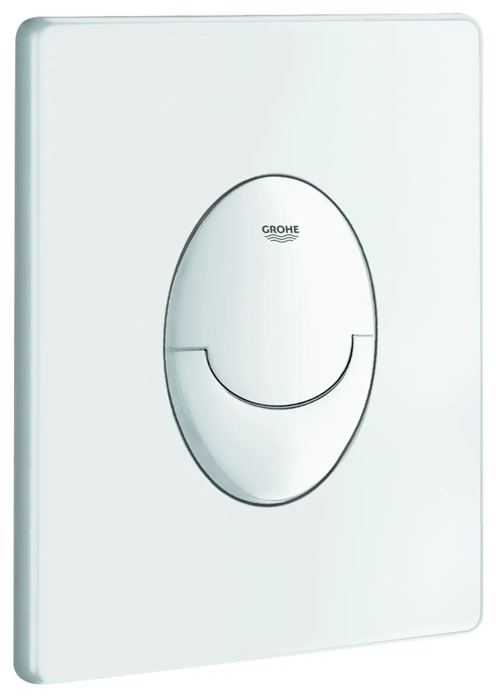 Weißer Betätigungsplatten für eine WC-Spülung von Grohe, mit einer senkrechten Ausführung und Start/Stopp-Funktion.