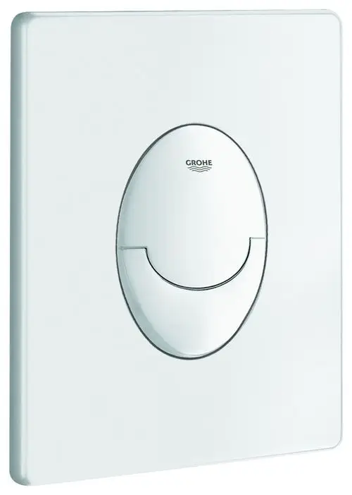 Weißer Betätigungsplatten für eine WC-Spülung von Grohe, mit einer senkrechten Ausführung und Start/Stopp-Funktion.