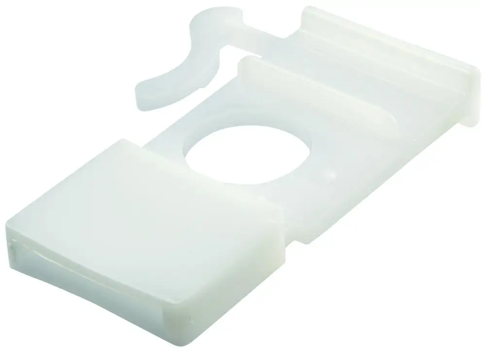 Halter von Grohe, in Weiß, mit einer Öffnung in der Mitte und einer seitlichen Ausbuchtung. Ideal zur Befestigung oder Unterstützung in Sanitärinstallationen.