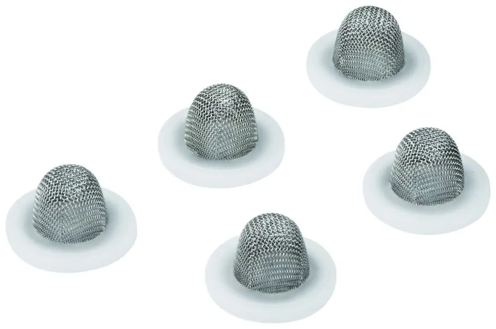 Fünf Metall-Siebe mit einem runden Kunststoffrand von Grohe, gestapelt in einer abgerundeten Form. Ideal für die Verwendung in Abflüssen oder Wasserleitungen.