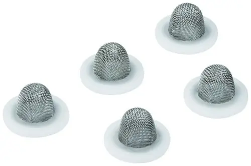 Fünf Metall-Siebe mit einem runden Kunststoffrand von Grohe, gestapelt in einer abgerundeten Form. Ideal für die Verwendung in Abflüssen oder Wasserleitungen.