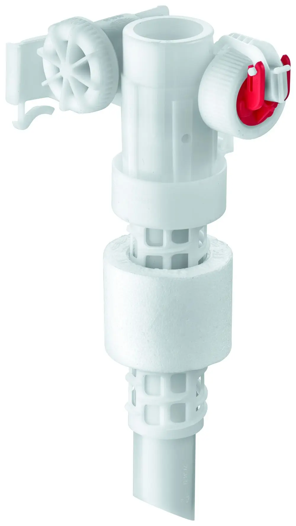 Weißes Füllventil von Grohe mit verschiedenen Anschlussmöglichkeiten und einer einstellbaren Wasserzufuhr. Ideal für den Einsatz in Sanitäranlagen.