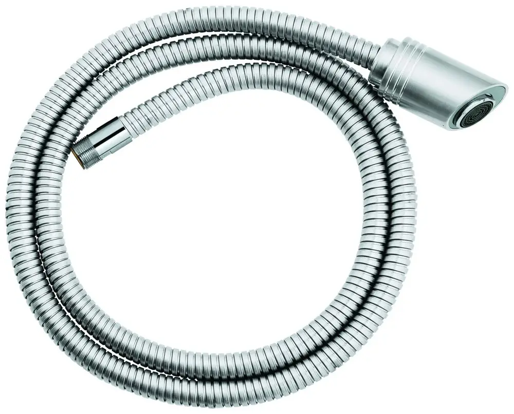 Grohe Duschschlauch aus Edelstahl mit spiralförmiger Struktur, einem Ende mit Gewindeanschluss und dem anderen Ende für eine Handbrause geeignet.