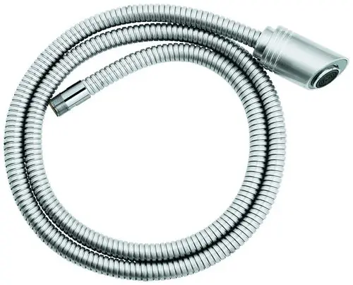Grohe Duschschlauch aus Edelstahl mit spiralförmiger Struktur, einem Ende mit Gewindeanschluss und dem anderen Ende für eine Handbrause geeignet.