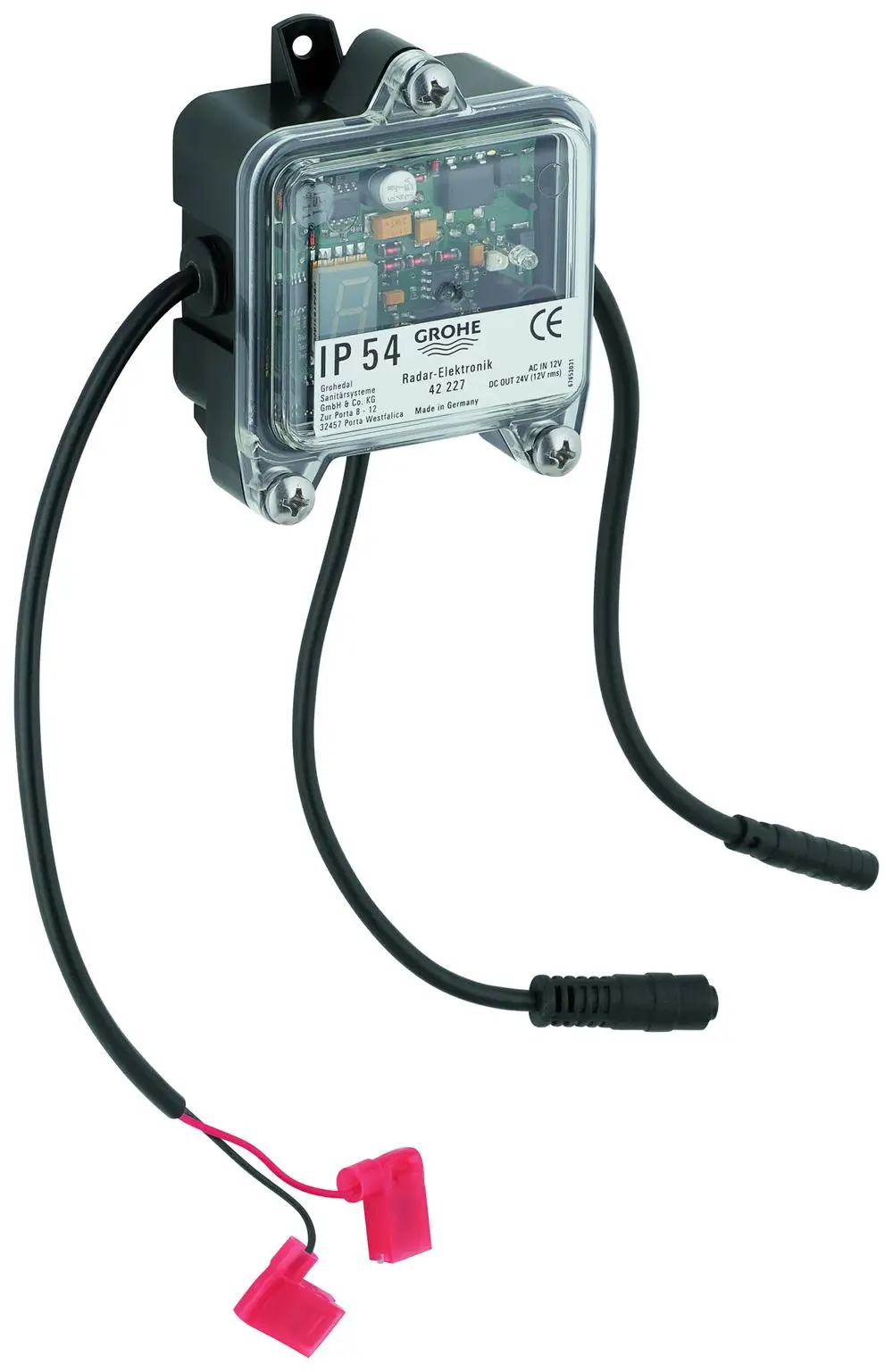 Steuergerät von Grohe mit Sichtfenster, zwei Kabeln und Steckverbindungen. Das Gehäuse ist farblos transparent und zeigt interne Komponenten der Elektronik.
