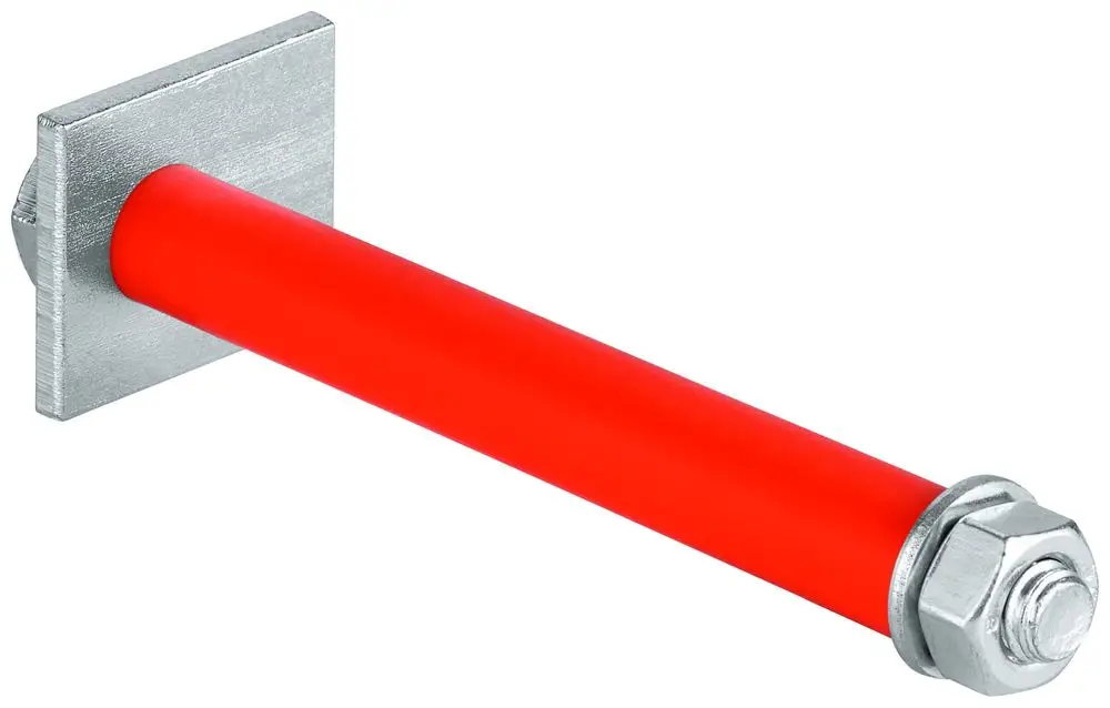 Roter Gewindebolzen von Grohe mit metallischer Platte und Mutter, geeignet für Sanitärinstallationen.