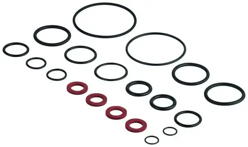 Schwarze und rote Dichtungsringe in verschiedenen Größen, geeignet für Grohe-Armaturen. Die Anordnung zeigt eine Vielzahl von Dichtungsoptionen für unterschiedliche Anwendungen.