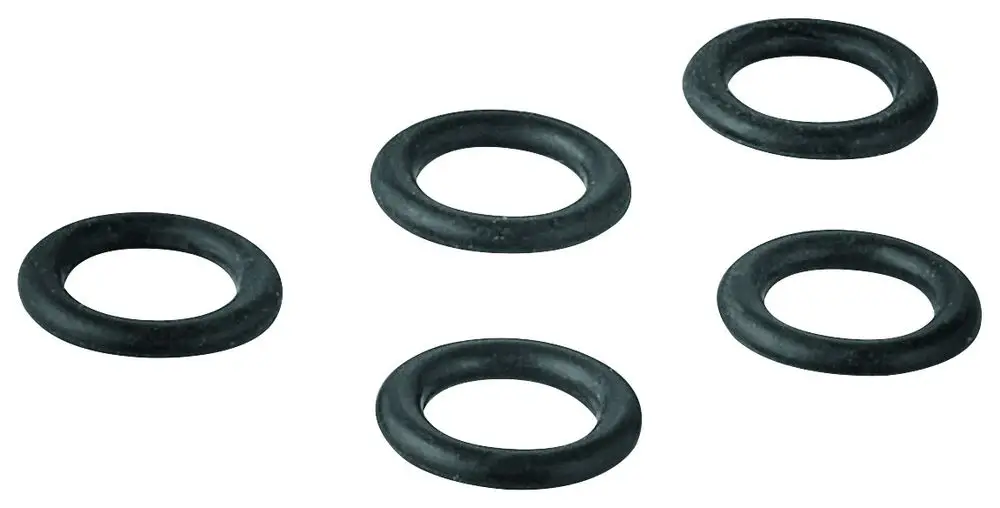 Fünf schwarze O-Ringe von Grohe, ringförmig und aus flexiblem Material, auf hellem Hintergrund angeordnet.