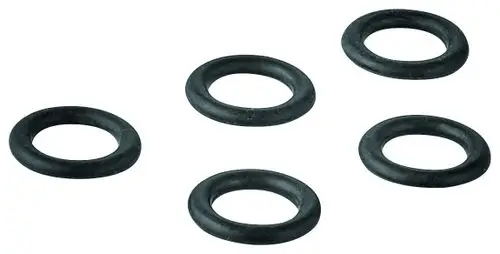 Fünf schwarze O-Ringe von Grohe, ringförmig und aus flexiblem Material, auf hellem Hintergrund angeordnet.