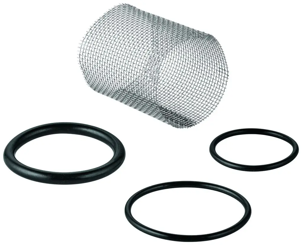 Dichtungsset von Grohe bestehend aus einem Metallfilter und drei schwarzen O-Ringen in verschiedenen Größen zur Verwendung in Sanitäranlagen.