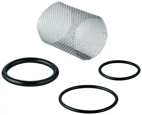 Dichtungsset von Grohe bestehend aus einem Metallfilter und drei schwarzen O-Ringen in verschiedenen Größen zur Verwendung in Sanitäranlagen.