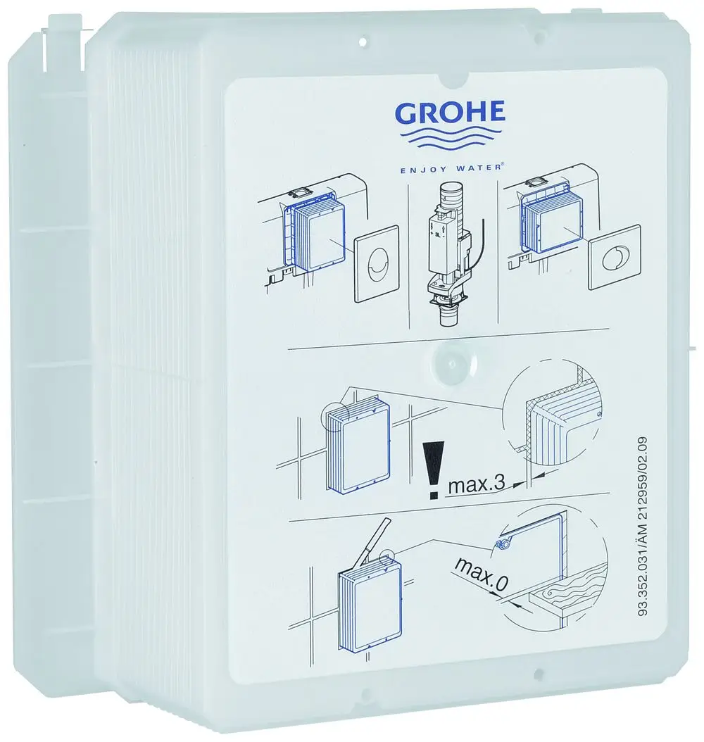 Grohe Revisionsschacht mit grafischen Anweisungen zur Installation. Darstellungen zeigen Montagepositionen und max. Maße für die Installation im Bau.