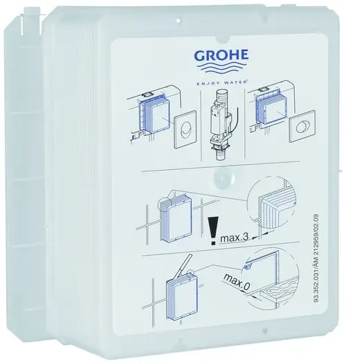 Grohe Revisionsschacht mit grafischen Anweisungen zur Installation. Darstellungen zeigen Montagepositionen und max. Maße für die Installation im Bau.