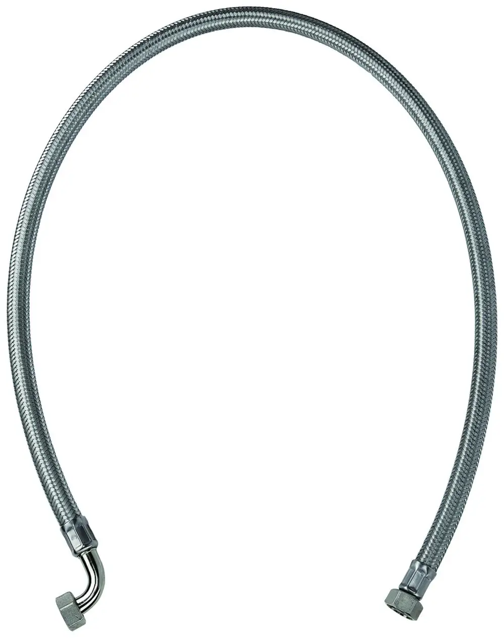 Flexibler Anschlussschlauch mit Metallgeflecht und gebogenem Ende, geeignet für Sanitärinstallationen, markiert mit dem Logo von Grohe.