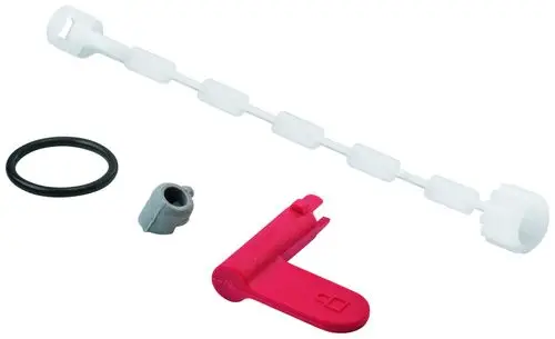 Ersatzteilset von Grohe, bestehend aus mehreren Komponenten in verschiedenen Farben, einschließlich einer weißen Stange, einem schwarzen O-Ring, und einem roten Teil.