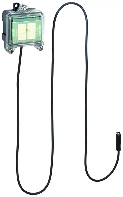 Radar-Sensor von Grohe mit zwei LED-Anzeigen und Kabel zur elektrischen Verbindung. Kompakte Bauform mit transparentem Gehäuse.