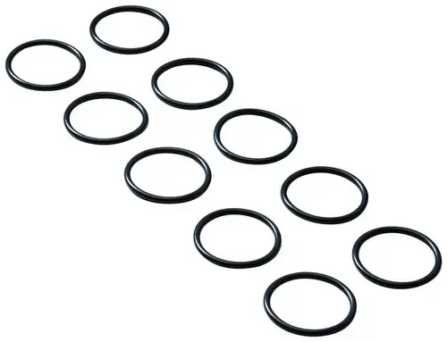 Schwarze O-Ringe in verschiedenen Größen, zehn Stück nebeneinander angeordnet, geeignet für Dichtungen. Produkt von Grohe.