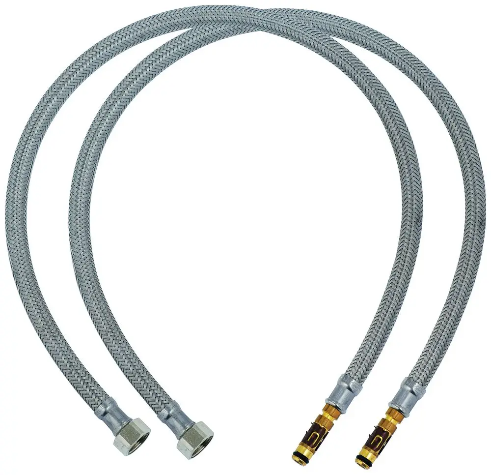 Zwei flexible Druckschläuche von Grohe, mit metallischem Gewinde an beiden Enden und geflochtenen Stahlummantelung für Druckbeständigkeit.