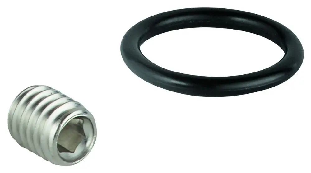 Zwei Komponenten von Grohe: Eine metallene Auslaufbefestigung mit Innensechskant und eine schwarze Dichtung in Form eines O-Rings.