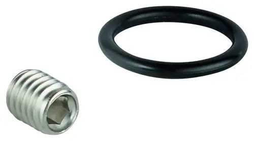 Zwei Komponenten von Grohe: Eine metallene Auslaufbefestigung mit Innensechskant und eine schwarze Dichtung in Form eines O-Rings.