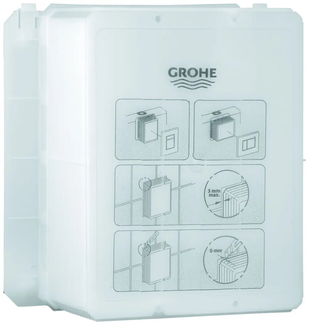 Grohe Revisionsschacht mit Montageanleitungen auf der Vorderseite. Abgebildet sind verschiedene Installationsmöglichkeiten für die Wandmontage.