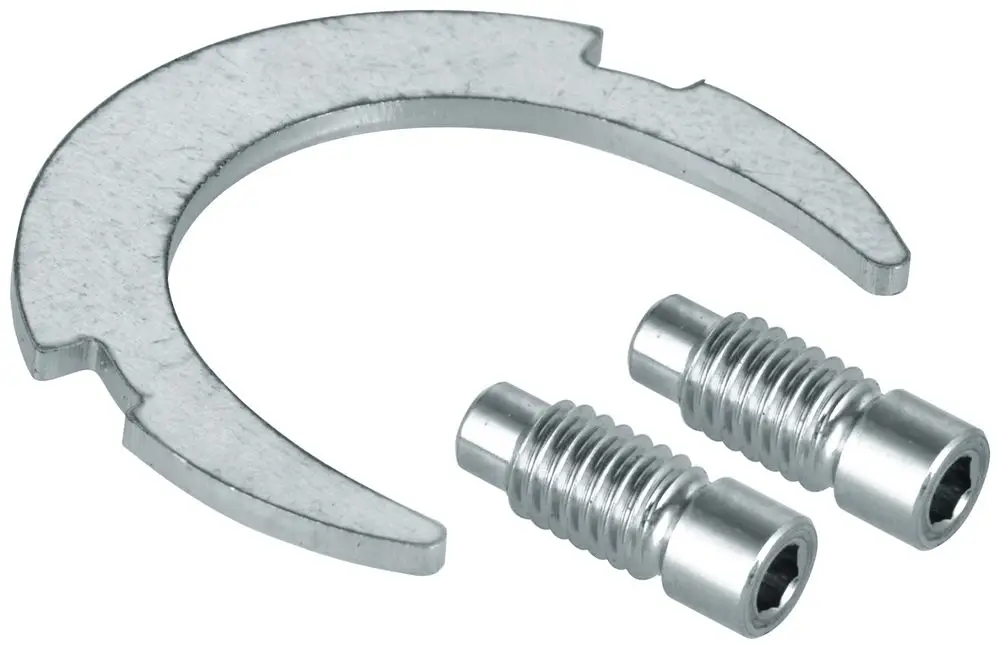 GROHE Auslaufbefestigung aus Metall, bestehend aus einem gebogenen Halteblech und zwei Schrauben, geeignet zur Befestigung von Auslaufventilen.