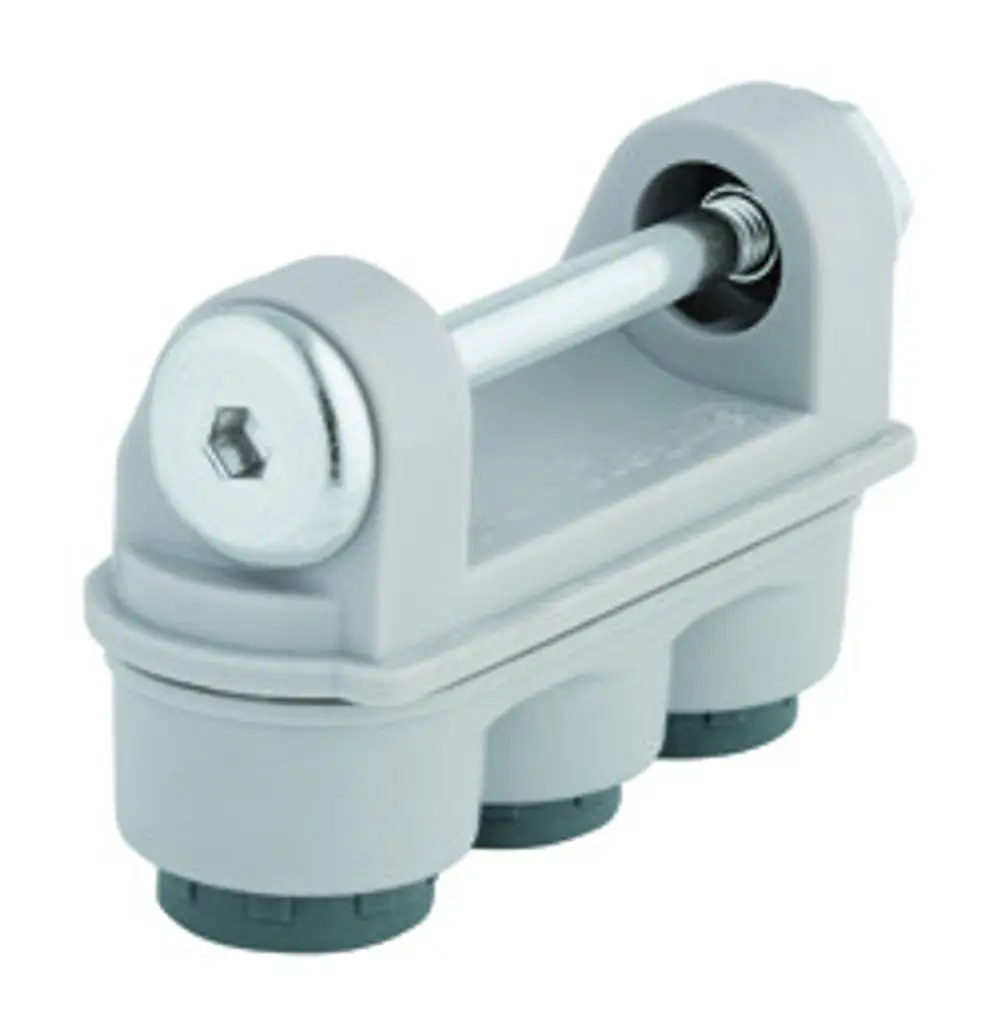 GROHE-Produkt mit grauem Gehäuse und einem zentralen Aufnahmebolzen. Enthält mehrere Anschlussmöglichkeiten an der Unterseite.