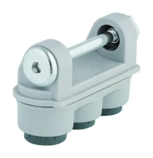 GROHE-Produkt mit grauem Gehäuse und einem zentralen Aufnahmebolzen. Enthält mehrere Anschlussmöglichkeiten an der Unterseite.