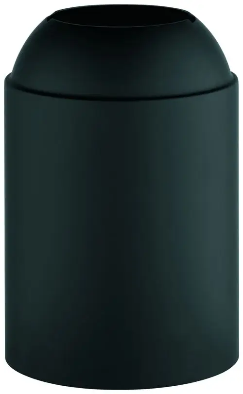 Schwarze Kappe aus Metall mit einer abgerundeten Oberseite und einer Öffnung, produziert von Grohe. Sie dient zum Verschließen von Rohrleitungen oder ähnlichem.