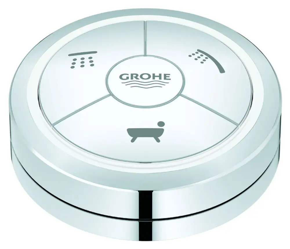 Fernbedienung von Grohe mit drei symbolischen Steuerfeldern für Dusche und Badewanne, glänzende Oberfläche und runde Form.