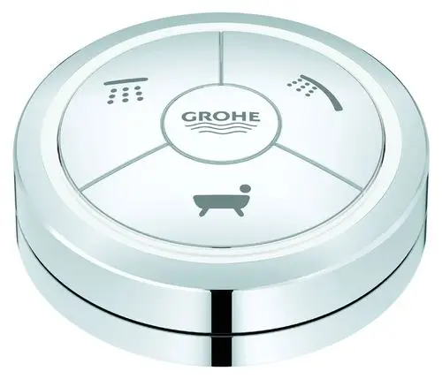 Fernbedienung von Grohe mit drei symbolischen Steuerfeldern für Dusche und Badewanne, glänzende Oberfläche und runde Form.
