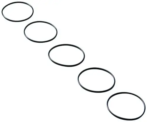 Fünf schwarze O-Ringe von Grohe in einer Reihe, geeignet für Dichtungsanwendungen. Beispielhafte Gummidichtungen in runder Form.