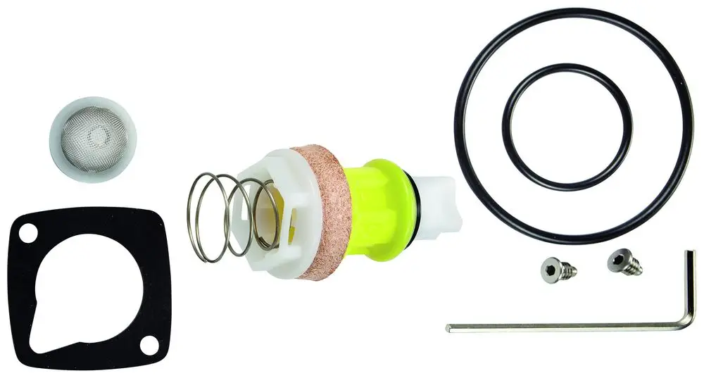 GROHE Dichtungssatz mit verschiedenen Bestandteilen wie Gummi-O-Ringen, Federn, einem Filter und Montageschrauben, zur Verwendung in sanitärtechnischen Anwendungen.
