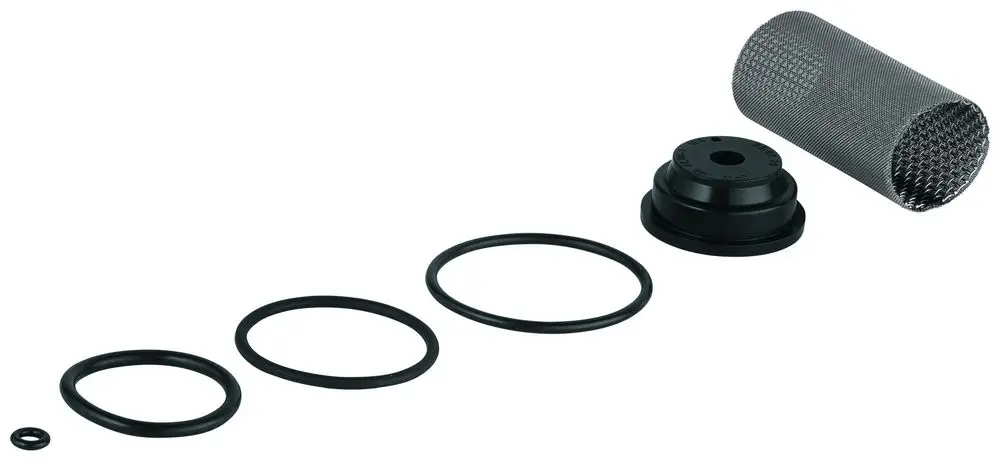 Dichtungsset von Grohe mit mehreren O-Ringen und einem Filterelement, in Schwarz und Metall, für eine präzise Abdichtung.