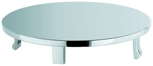 Chromfarbene Abdeckkappe mit zwei Halterungen, geeignet für Grohe Produkte. Runde, flache Form ohne zusätzliche Verzierungen.