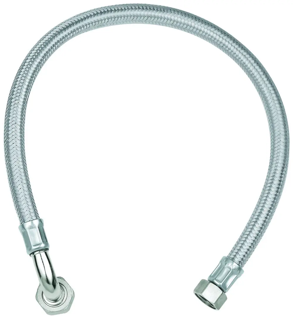 Flexibler Anschlussschlauch in Chromoptik mit gebogenem Ende und zwei Anschlussstücken. Ideal für armaturenspezifische Anwendungen, hergestellt von Grohe.