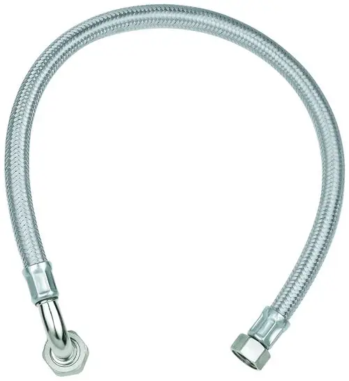 Flexibler Anschlussschlauch in Chromoptik mit gebogenem Ende und zwei Anschlussstücken. Ideal für armaturenspezifische Anwendungen, hergestellt von Grohe.
