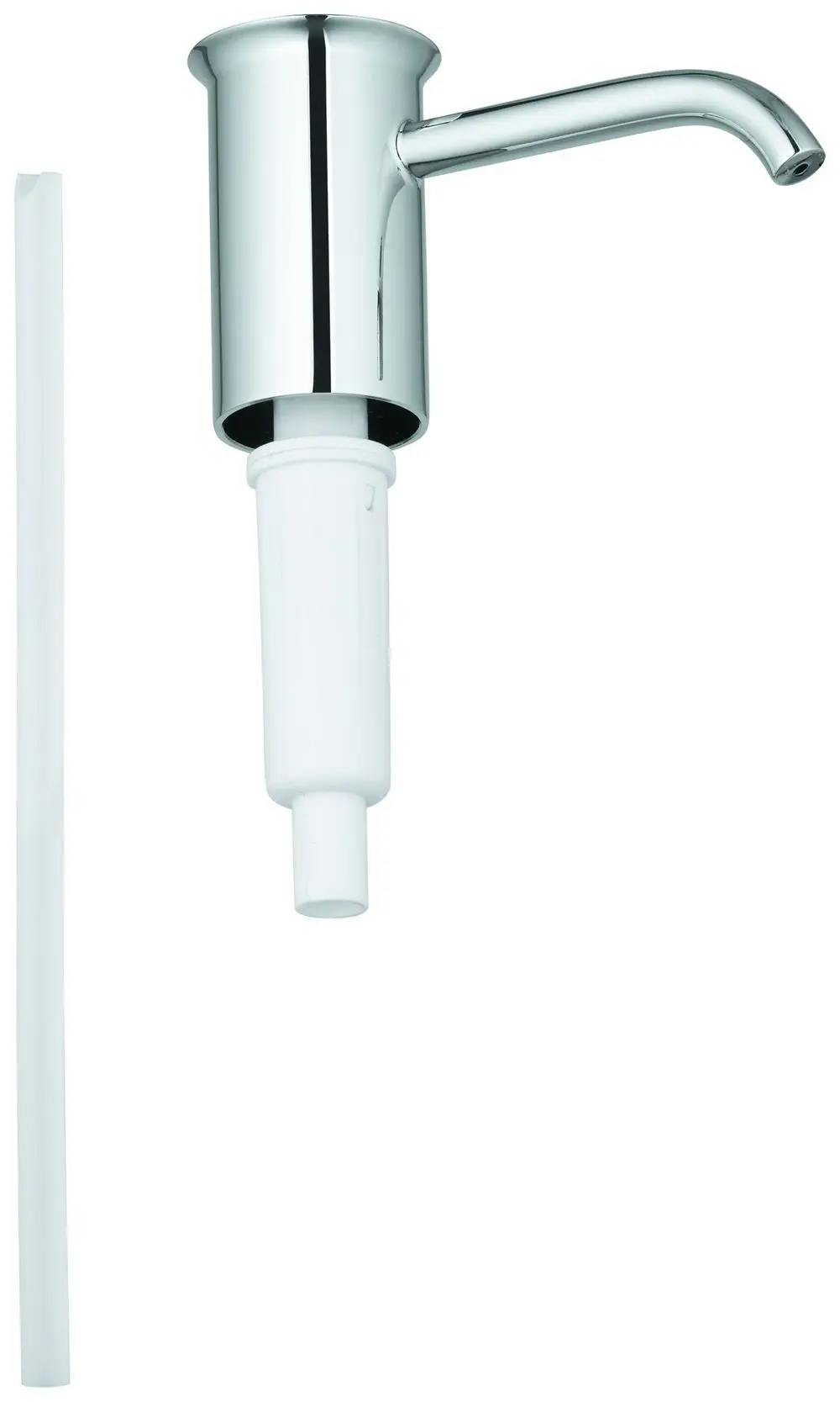 Chromatische Pumpvorrichtung von Grohe mit einem schrägen Auslauf. Kunststoffteil für die Installation ist ebenfalls abgebildet.