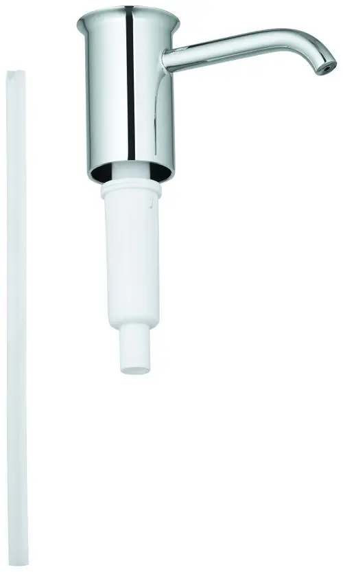 Chromatische Pumpvorrichtung von Grohe mit einem schrägen Auslauf. Kunststoffteil für die Installation ist ebenfalls abgebildet.