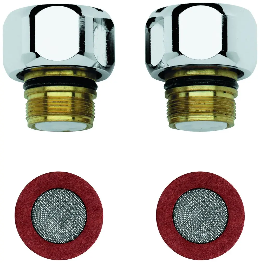 GROHE Rückflussverhinderer in chrom, bestehend aus zwei verchromten Ventilen mit goldfarbener Gewindebasis und zwei runden Filtern mit metallischer Maschenoberfläche.