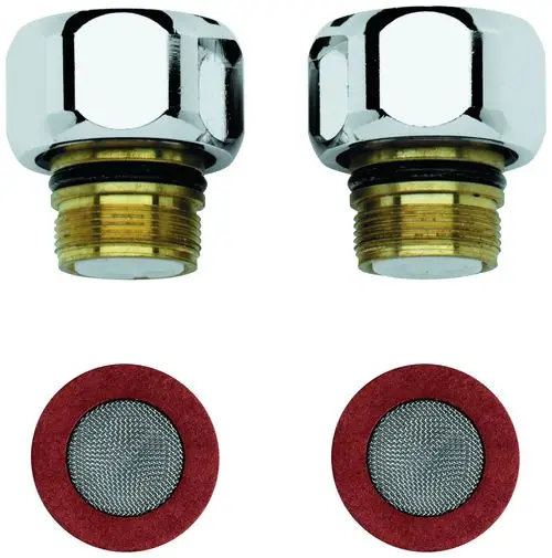 GROHE Rückflussverhinderer in chrom, bestehend aus zwei verchromten Ventilen mit goldfarbener Gewindebasis und zwei runden Filtern mit metallischer Maschenoberfläche.