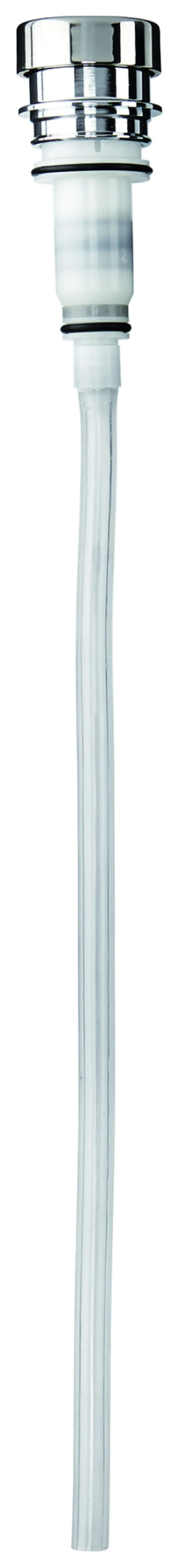 GROHE Pumpvorrichtung in Chromfarbe mit transparentem Schlauch. Die Oberseite hat einen verchromten Deckel und einen stabilen Verbindungspunkt.