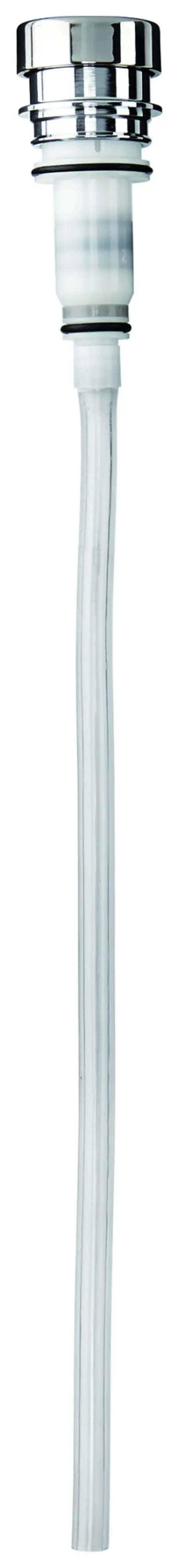 GROHE Pumpvorrichtung in Chromfarbe mit transparentem Schlauch. Die Oberseite hat einen verchromten Deckel und einen stabilen Verbindungspunkt.