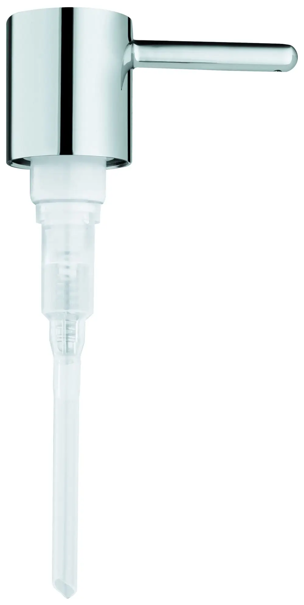 Pumpvorrichtung aus verchromtem Material mit einem Hebelmechanismus und transparentem Auslauf, hergestellt von Grohe.