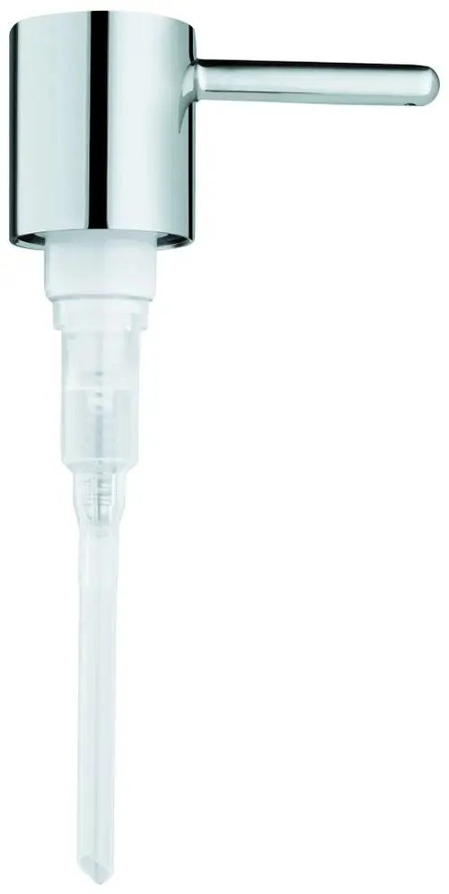 Pumpvorrichtung aus verchromtem Material mit einem Hebelmechanismus und transparentem Auslauf, hergestellt von Grohe.