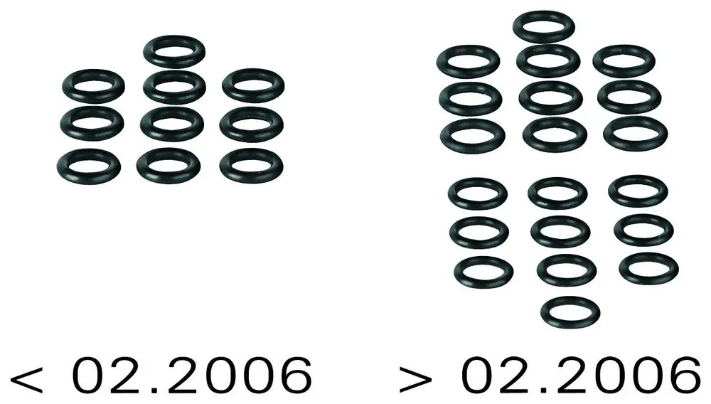 Zwei Gruppen von schwarzen O-Ringen auf hellem Hintergrund, eine mit 10, die andere mit 20 O-Ringen. Unter den Gruppen sind Markierungen '< 02.2006' und '> 02.2006' zu sehen. Grohe-Produkt.