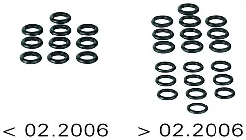 Zwei Gruppen von schwarzen O-Ringen auf hellem Hintergrund, eine mit 10, die andere mit 20 O-Ringen. Unter den Gruppen sind Markierungen '< 02.2006' und '> 02.2006' zu sehen. Grohe-Produkt.
