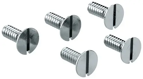 Fünf metallische Schrauben von Grohe mit flachem Kopf und Schlitzantrieb, geeignet für Montagen oder Reparaturen.