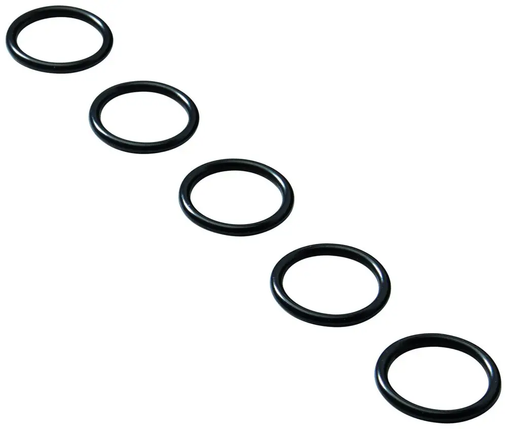 Schwarze O-Ringe in einer geraden Reihe angeordnet, die für eine Dichtung oder Abdichtung geeignet sind. Sie stammen von der Marke Grohe.