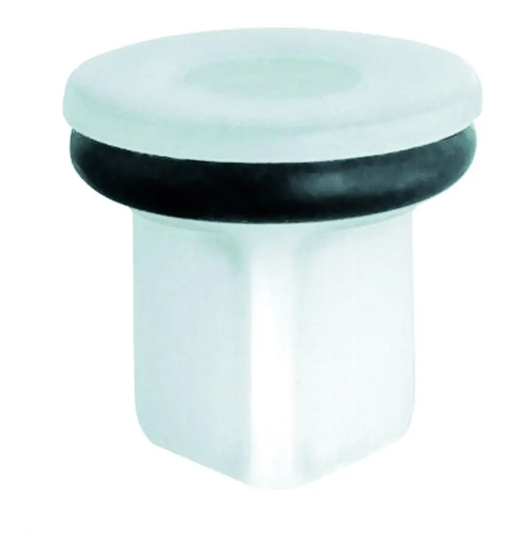 Runder, metallischer Teil mit flacher Oberseite und schwarzem Gummiring. Produkt von Grohe, wahrscheinlich ein Bestandteil für Wasserhahn oder ähnliches.